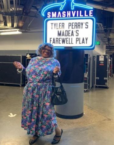 Emmitt Perry, Sr. son Tyler Perry in his character at Madea’s farewell play.